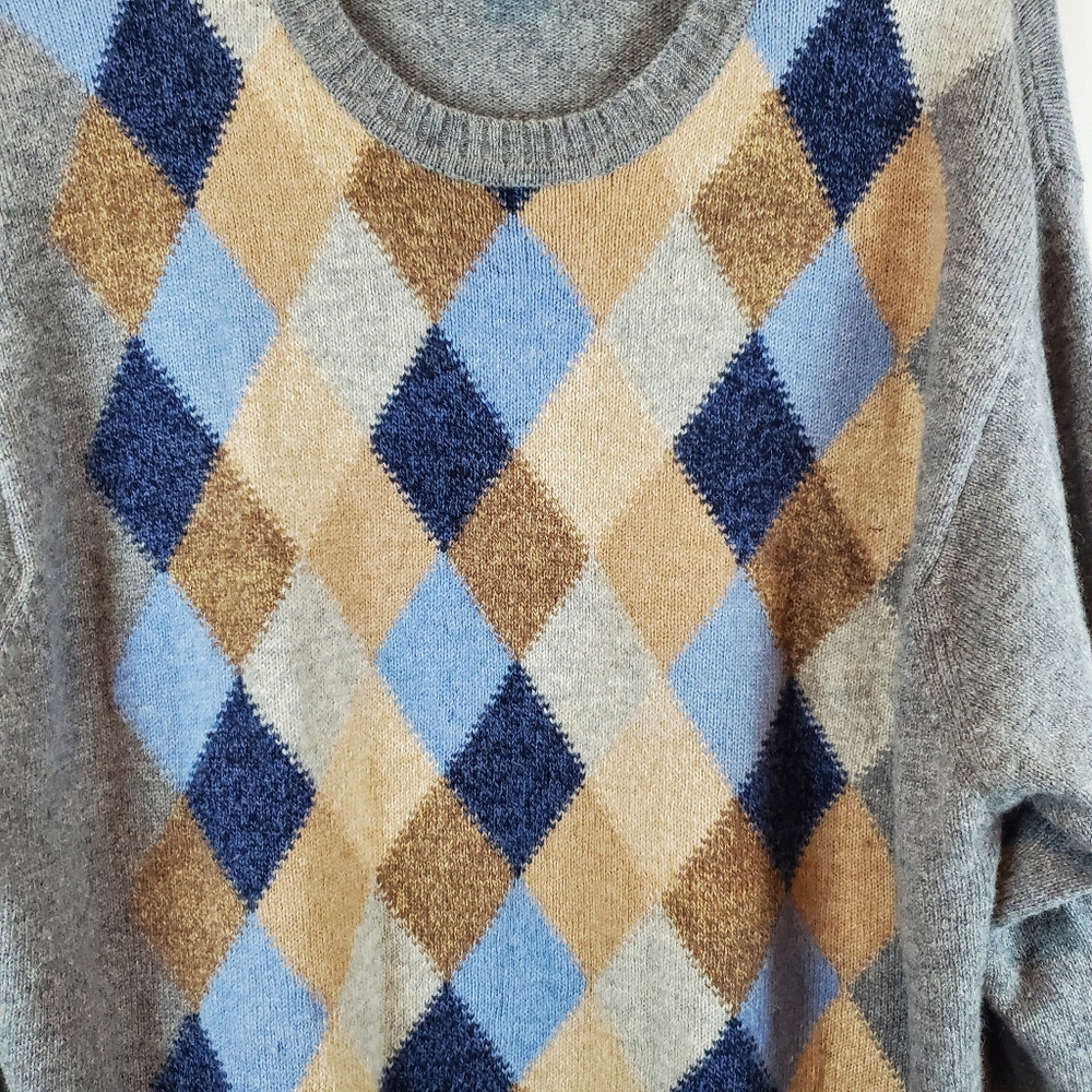 Jos A Bank Argyle Lambs Wool Sweater Size XL Mens Gray Crew Neck Knit - Picture 3 of 7